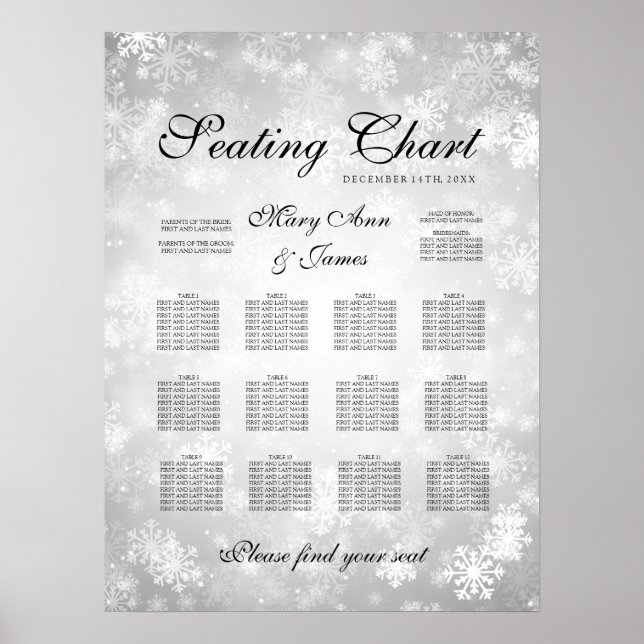 Wedding Seating Chart Silver Winter Wonderland (Front)
