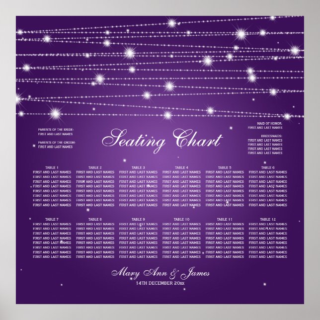 Wedding Seating Chart Sparkling Lines Purple (Front)