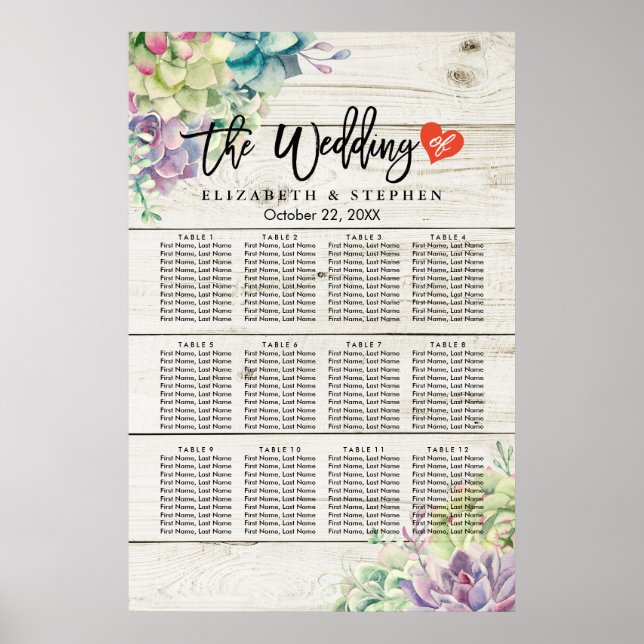 Wedding Seating Chart Succulent Plants Rustic Wood (Front)
