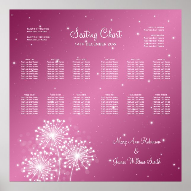 Wedding Seating Chart Summer Sparkle Rose Pink (Front)