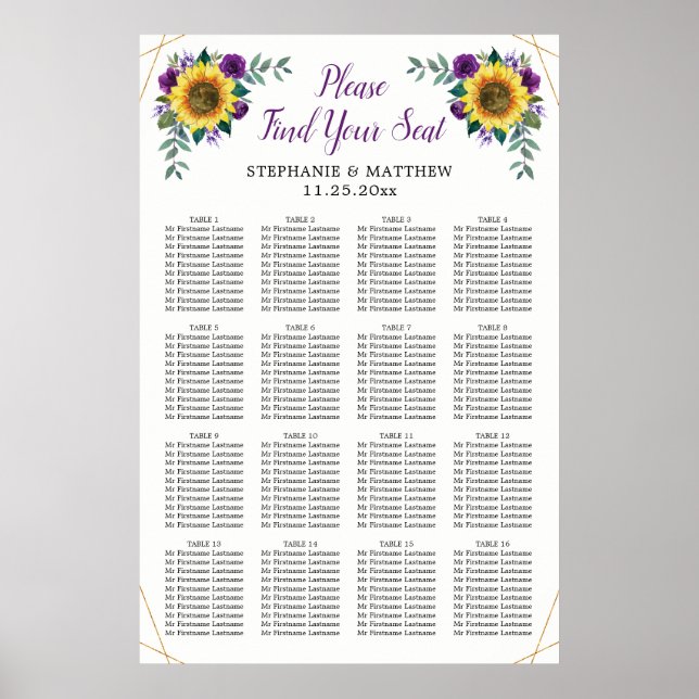 Wedding Seating Chart Sunflower Purple Geometrical (Front)