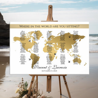 Wedding seating chart travel theme world map