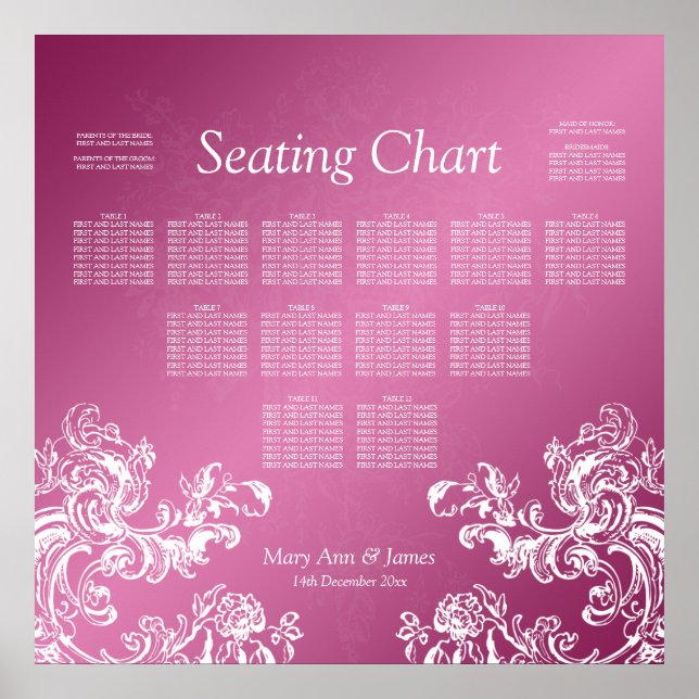 Wedding Seating Chart Vintage Swirls 2 Pink (Front)