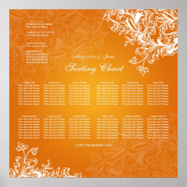 Wedding Seating Chart Vintage Swirls Orange (Front)