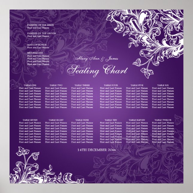 Wedding Seating Chart Vintage Swirls Purple (Front)