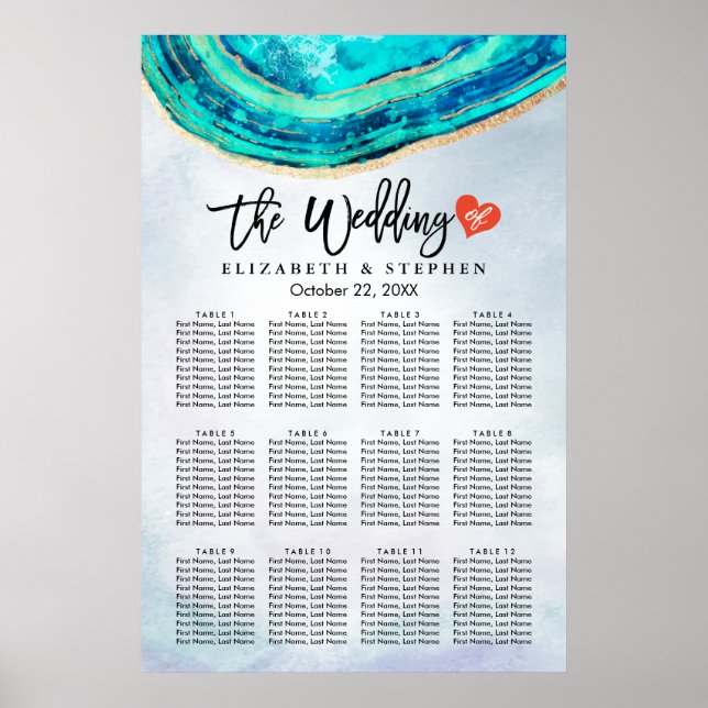 Wedding Seating Chart Watercolor Teal & Gold Agate (Front)