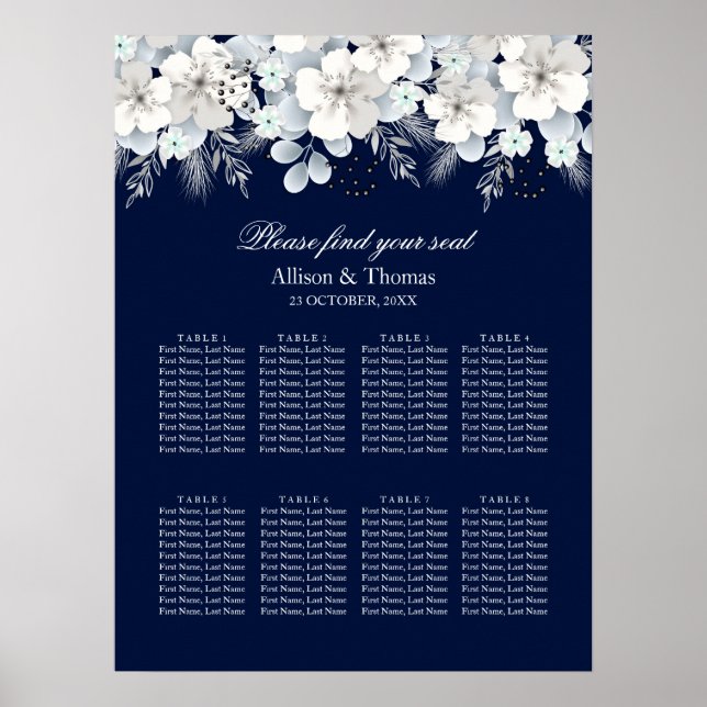 Wedding Seating Chart  White flower sakura blue (Front)