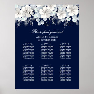 Wedding Seating Chart  White flower sakura blue