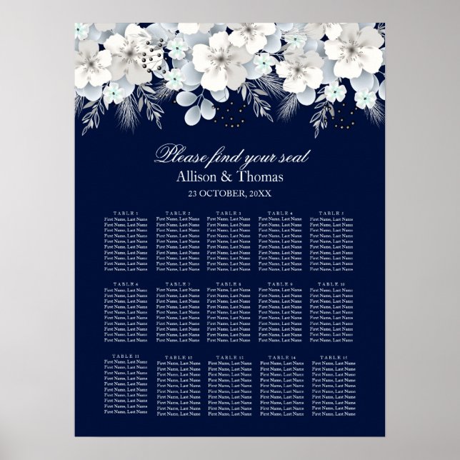 Wedding Seating Chart White flower sakura blue (Front)