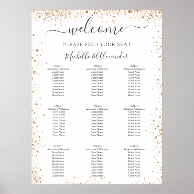 Wedding seating chart white gold glitter dust (Front)