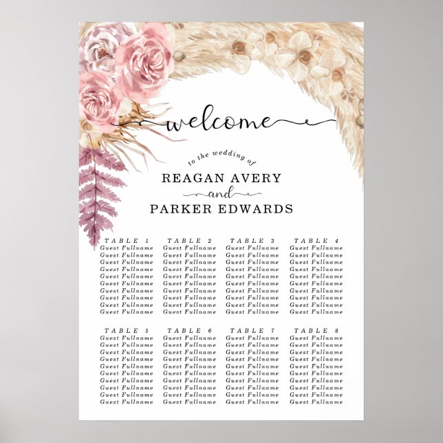 Wedding Seating Charts Pampas Grass Elegant (Front)