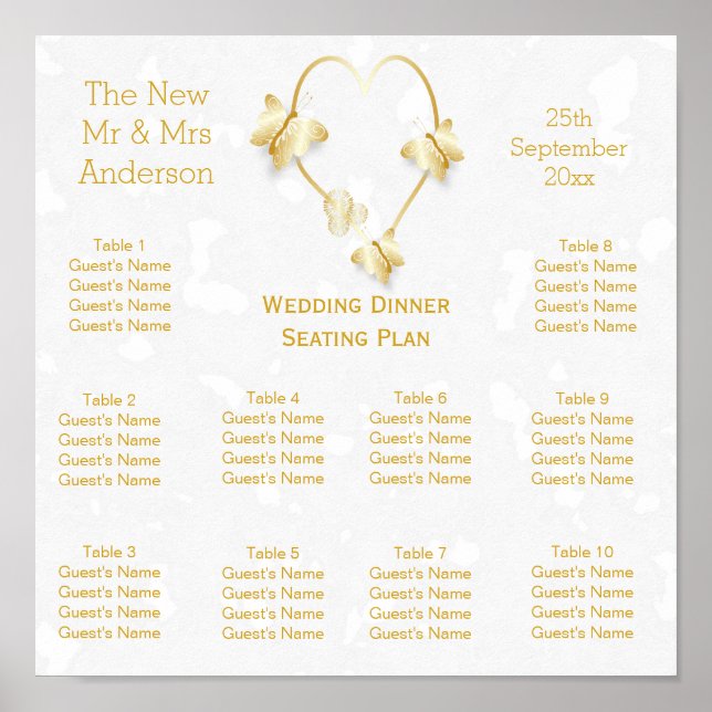 Wedding Seating Plan Gold Coloured Heart Butterfly Poster (Front)