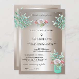 Wedding Sepia Teal Floral Mason Jar Pink Rose Invitation