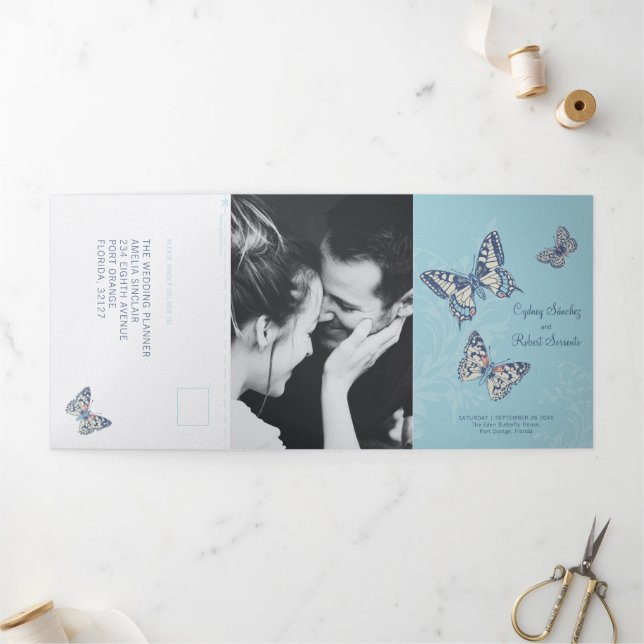 Wedding shades of blue butterflies all-in-one Tri-Fold invitation (Outside)