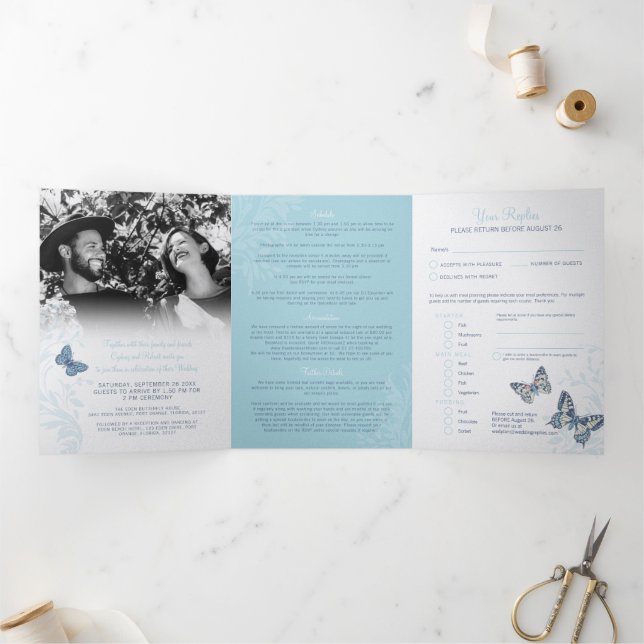 Wedding shades of blue butterflies all-in-one Tri-Fold invitation (Inside)