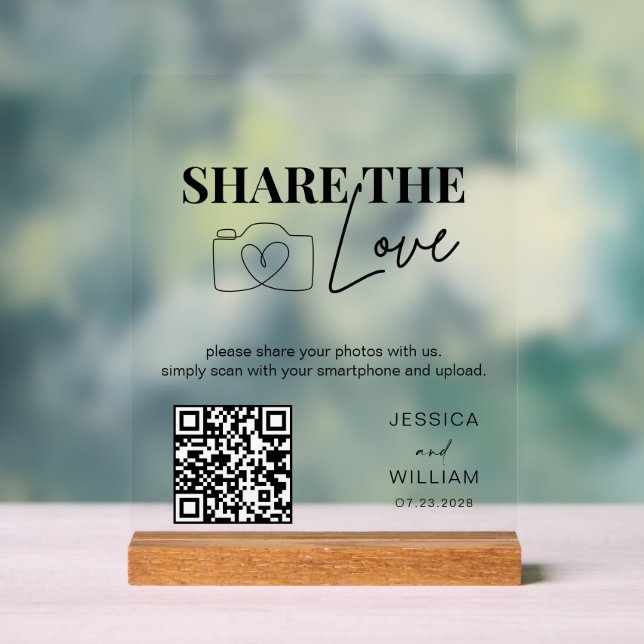 Wedding Share The Love | Photo Sharing QR Code Acrylic Sign (Neutral)