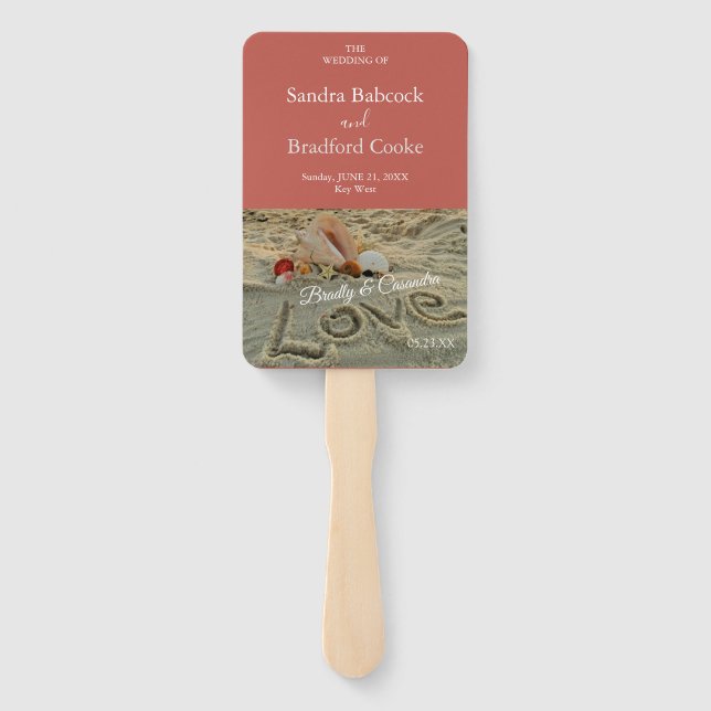 Wedding Shell on beach, love in the sand Coral Hand Fan (Back)
