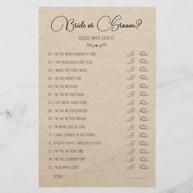 Wedding Shoe Game Bride or Groom Rustic Paper (Front)