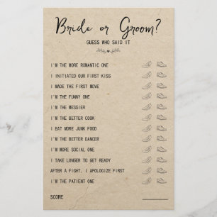 Wedding Shoe Game Bride or Groom Rustic Paper