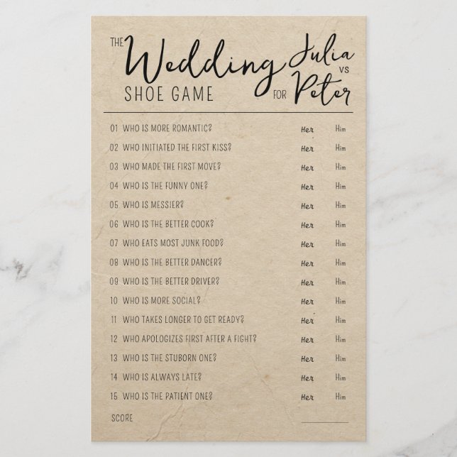 Wedding Shoe Game Questions Paper Rustic Paper (Front)