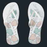WEDDING SHOES | Modern Seashells Coral and Teal Flip Flops<br><div class="desc">A fun coral and teal seashell design. Handwritten calligraphy that says Happily Ever After - perfect for the bride and groom to wear on the beach for their beach wedding ceremony. Design created for TheBarefootBride™ by © WhimsicalArtwork™. This is part of a wedding stationery suite collection with matching wedding accessories...</div>