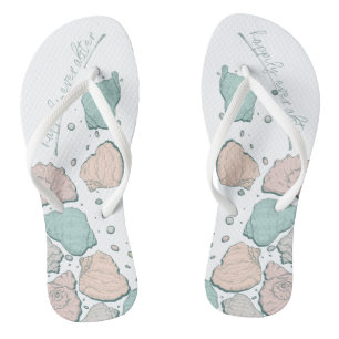 WEDDING SHOES   Modern Seashells Coral and Teal Flip Flops