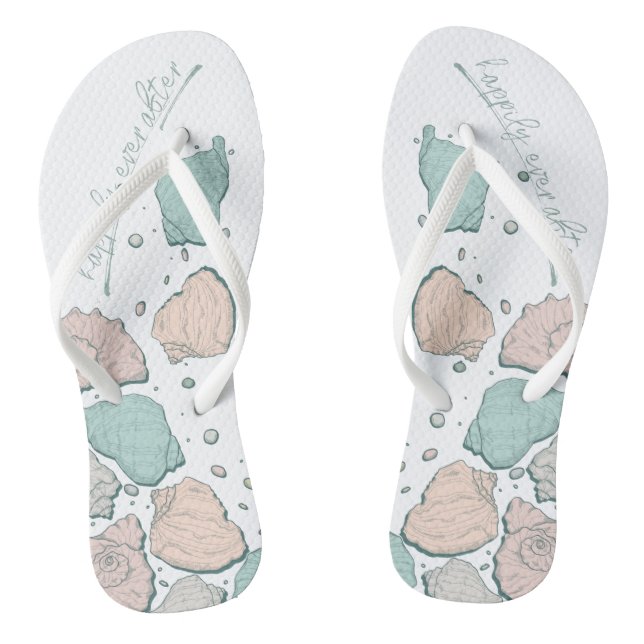 WEDDING SHOES | Modern Seashells Coral and Teal Flip Flops (Footbed)