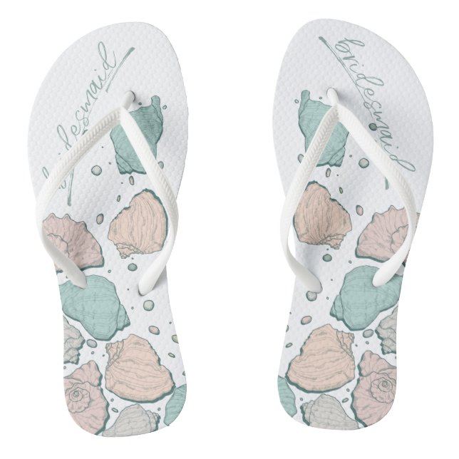 WEDDING SHOES | Modern Seashells Coral Teal Flip Flops (Footbed)