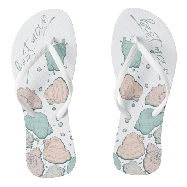WEDDING SHOES | Modern Seashells Coral teal Flip Flops (Footbed)