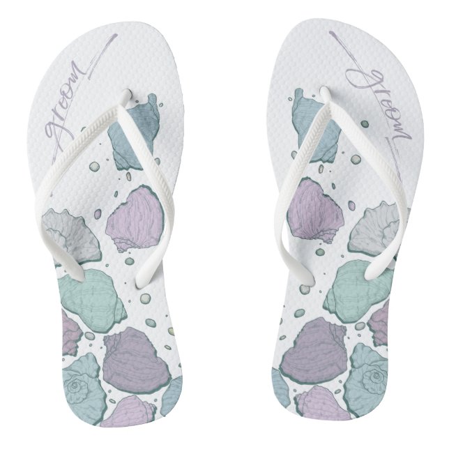 WEDDING SHOES | Modern Seashells Dusty Blue Lilac Flip Flops (Footbed)