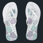 WEDDING SHOES | Modern Seashells Dusty Blue Lilac Flip Flops<br><div class="desc">A fun dusty blue and plum lilac seashell design. Handwritten calligraphy that says Happily Ever After - perfect for the bride and groom to wear on the beach for their beach wedding ceremony. Design created for TheBarefootBride™ by © WhimsicalArtwork™. This is part of a wedding stationery suite collection with matching...</div>