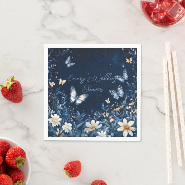  Wedding Shower Blue and White Floral  Butterflies Napkin (Insitu)