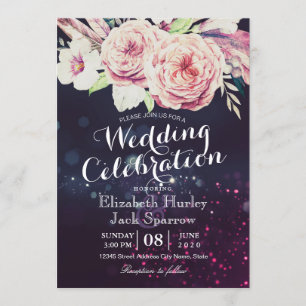 Wedding Shower Boho Floral Feather & Purple Lights Invitation