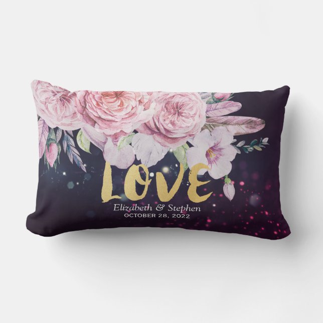 Wedding Shower Boho Floral Feather & Purple Lights Lumbar Cushion (Front)