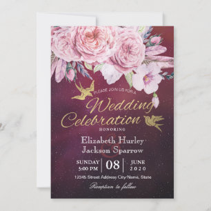 Wedding Shower Boho Floral Feathers Burgundy Red Invitation