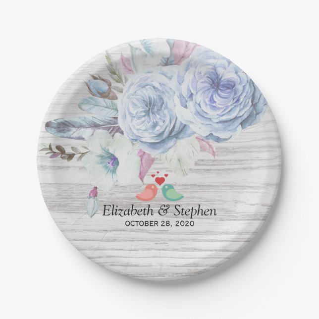 Wedding Shower Boho Flowers & Feathers Rustic Wood Paper Plate (Front)