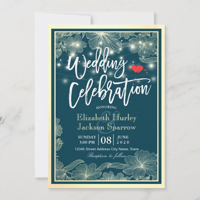 Wedding Shower Celebration Blue Gold Floral Lights Invitation (Front)
