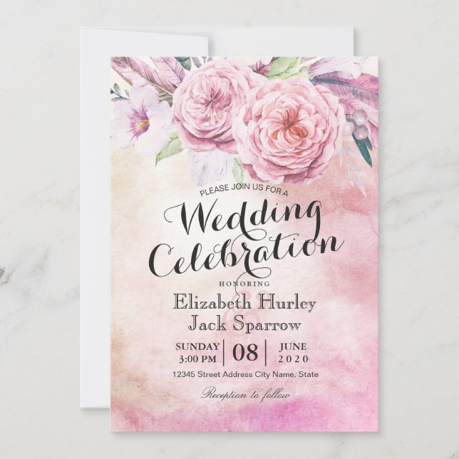 Wedding Shower Chic Watercolor Boho Floral Feather Invitation (Front)