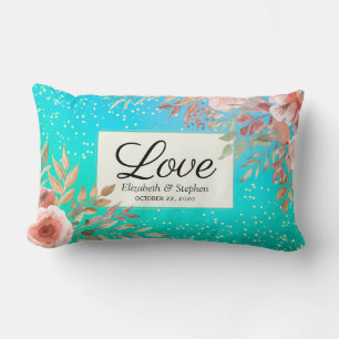 Wedding Shower Elegant Pink Floral Teal Gold Dots Lumbar Cushion