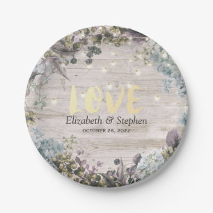 Wedding Shower Floral String Lights & Rustic Wood Paper Plate