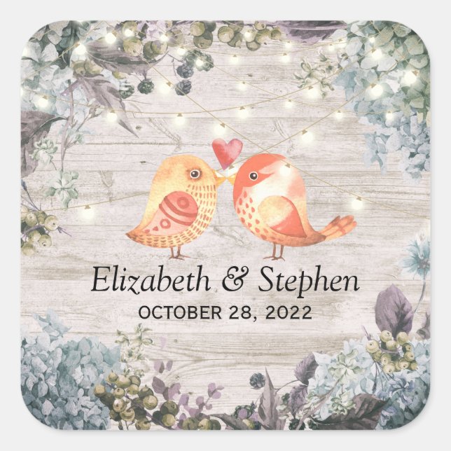 Wedding Shower Floral String Lights & Rustic Wood Square Sticker (Front)