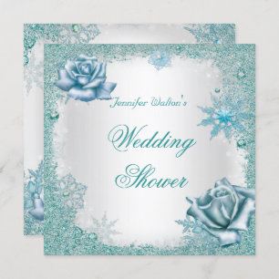 Wedding Shower Glitter Teal Blue White Roses Invitation