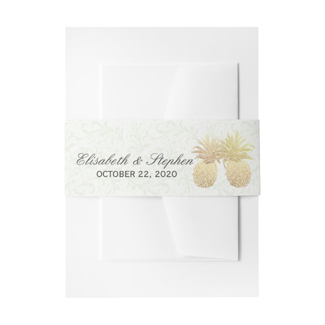 Wedding Shower Gold Foil Pineapples Damask Paper Invitation Belly Band (Front Example)