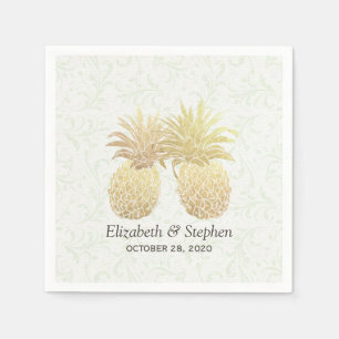 Wedding Shower Gold Foil Pineapples Damask Paper Napkin