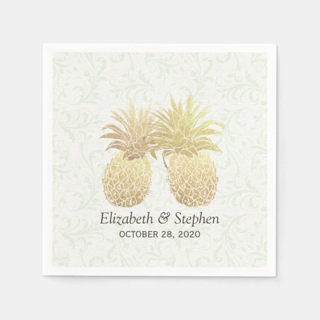 Wedding Shower Gold Foil Pineapples Damask Paper Napkin (Front)