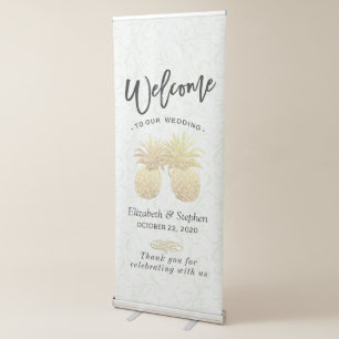 Wedding Shower Gold Foil Pineapples Damask Paper Retractable Banner