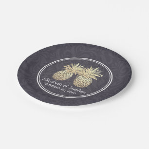 Wedding Shower Golden Pineapple Couple Navy Blue Paper Plate