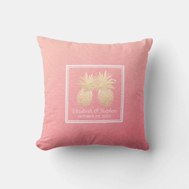 Wedding Shower Golden Pineapple Couple Pink Roses Cushion (Front)