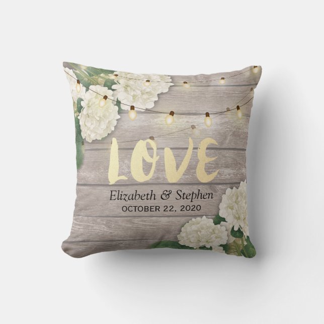 Wedding Shower Hydrangea Flower String Lights Wood Cushion (Front)