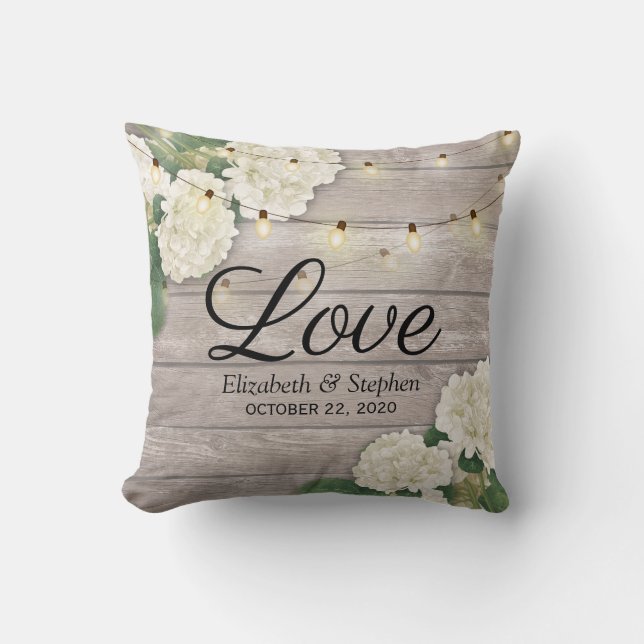 Wedding Shower Hydrangea Flower String Lights Wood Cushion (Front)